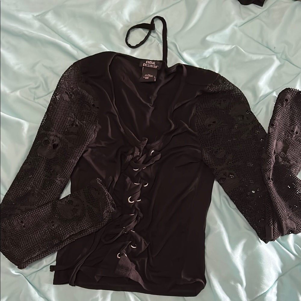 Black Lace-Up Top with Lace Sleeves